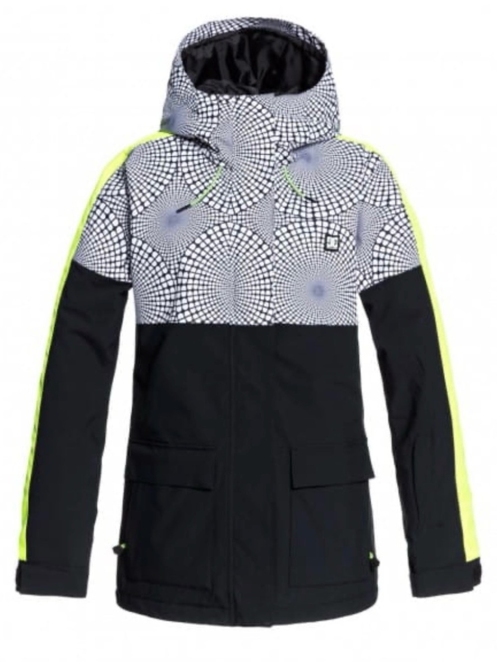 DC Women’s Black & White Patterned Hooded Snowboard jacket with Neon Yellow Trim
